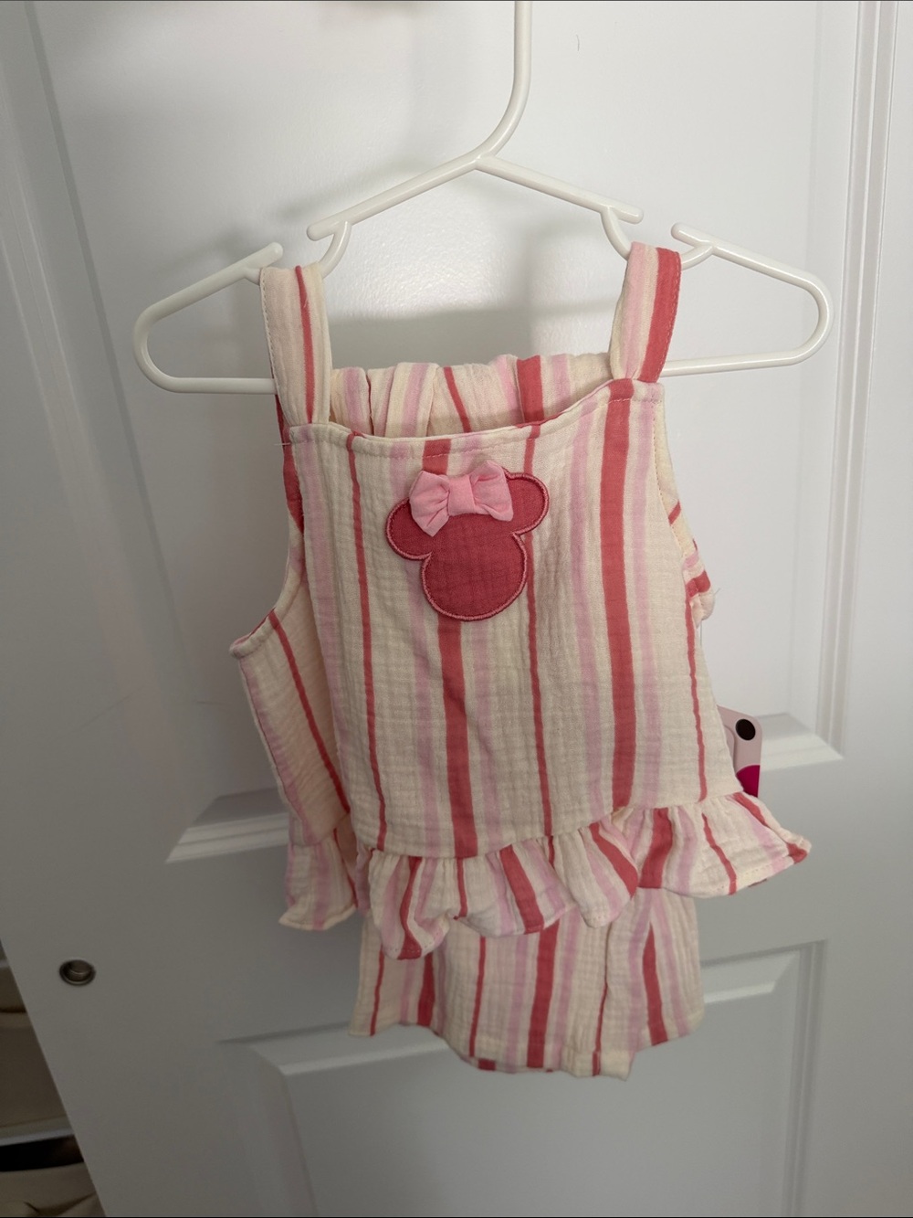 Disney Pink and Cream Striped Girls Romper Set with Bow Mouse Patch